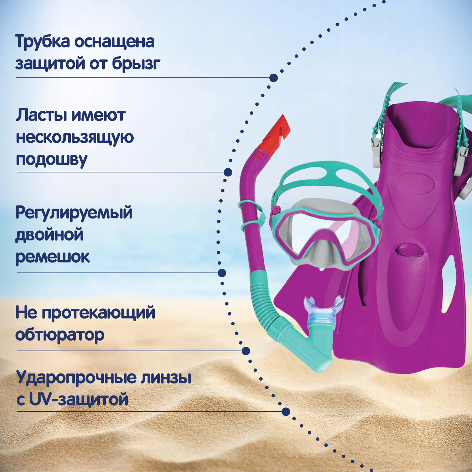 Комплект для плавания маска+трубка+ласты от 7 лет, размер ласт 37- 41, АССОРТИ, BESTWAY, 25046 — фото 10