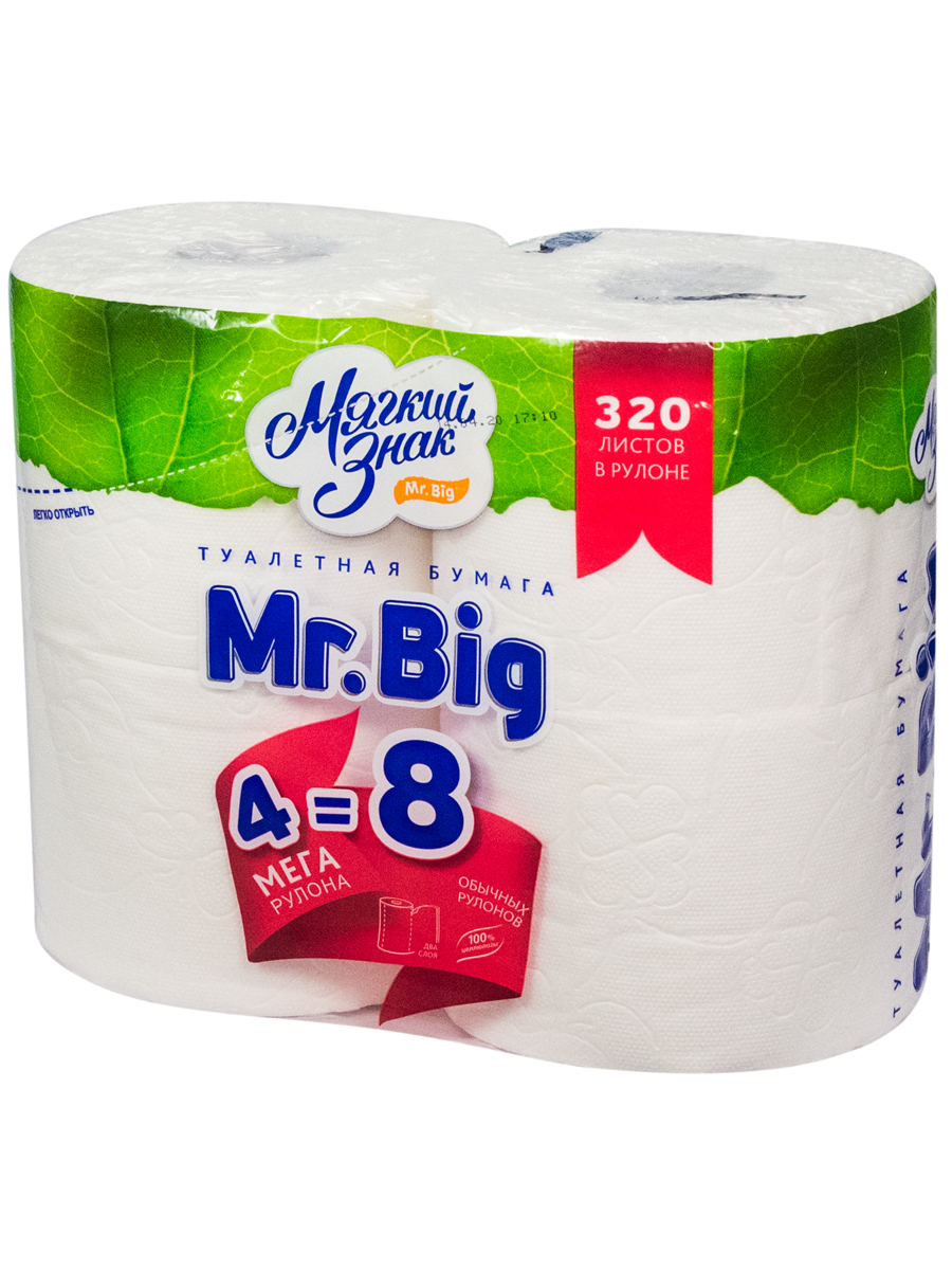 Бумага туалетная 2-сл 40 м/рул 320 лист/рул MR. BIG MEGA 4рулона с тиснением и перфорацией БЕЛАЯ ЦЕЛЛЮЛОЗА "МЯГКИЙ ЗНАК" — фото 1