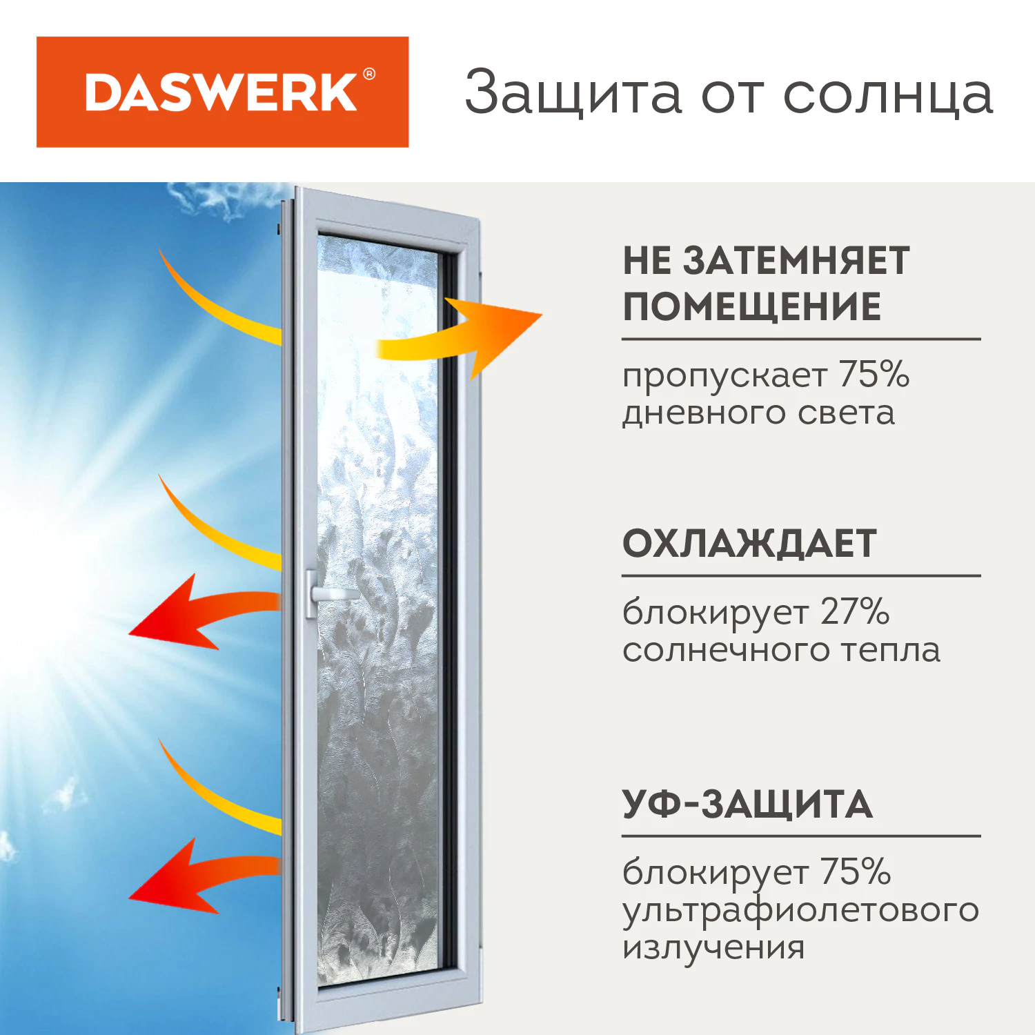 Пленка на окно самоклеящаяся статическая БЕЗ КЛЕЯ солнцезащитная 75×150 см «Пух» DASWERK (ДАСВЕРК), 608590 — фото 3