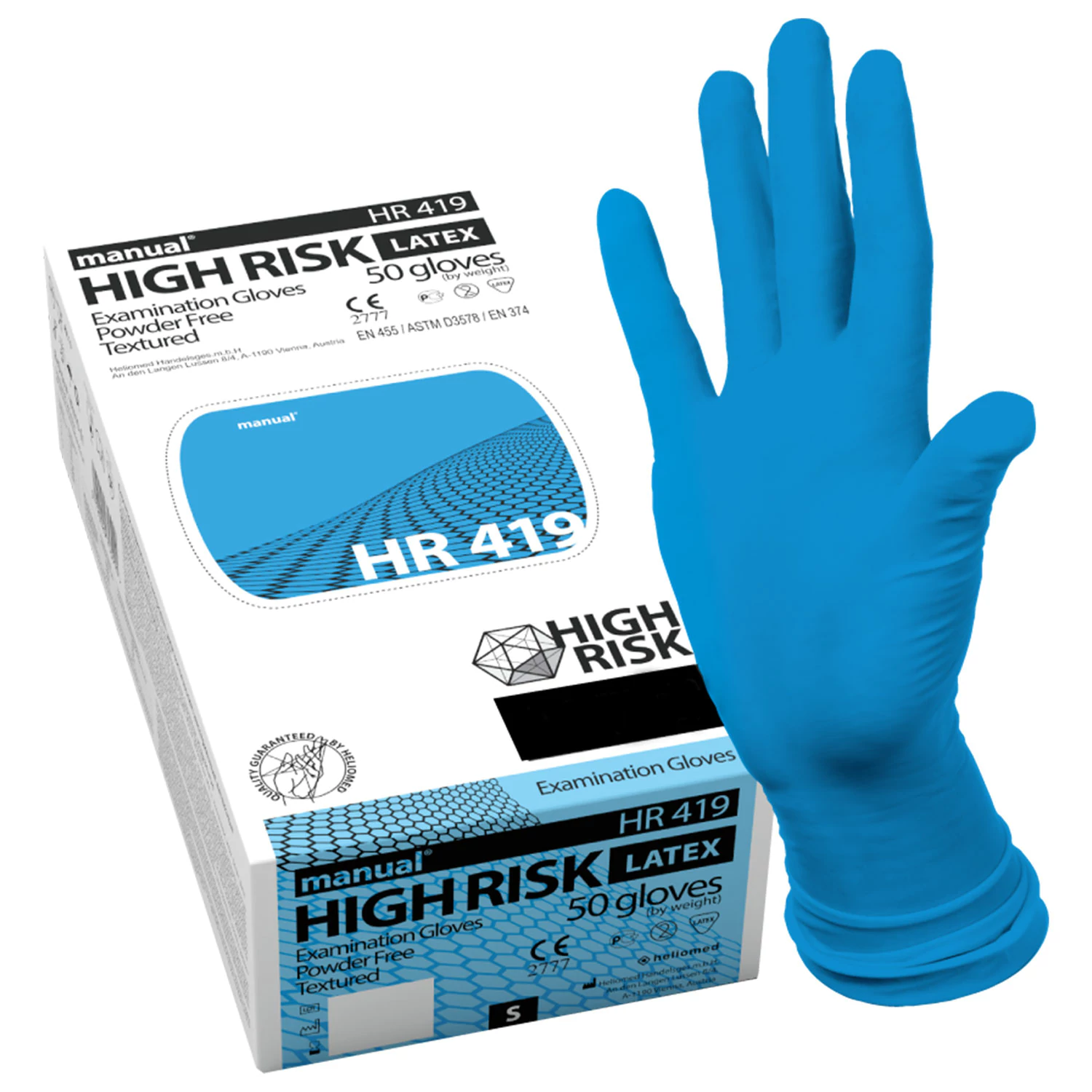 Перчатки латексные смотровые MANUAL HIGH RISK HR419 Австрия, 25 пар (50 штук), размер 9-10, XL (очень большой) — фото 1