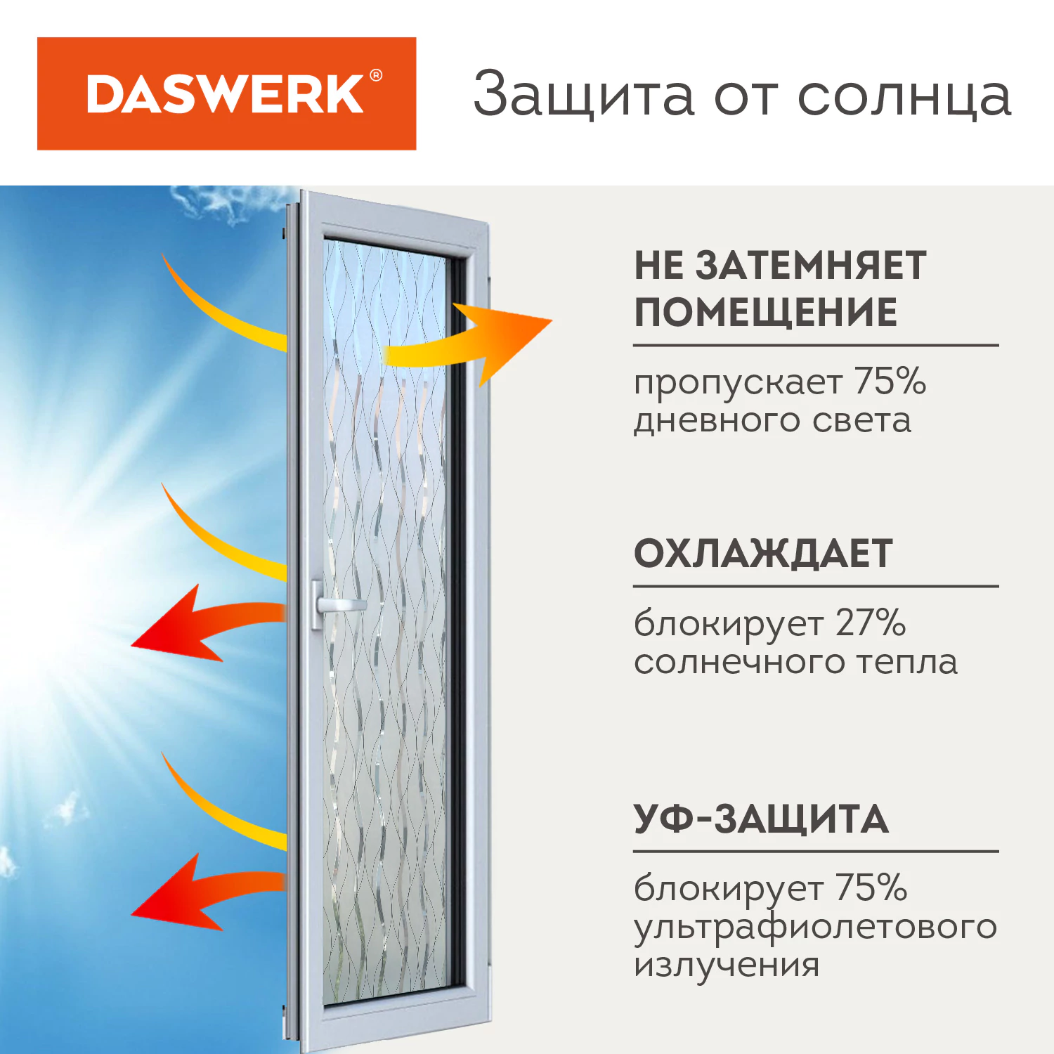 Пленка на окно самоклеящаяся статическая БЕЗ КЛЕЯ солнцезащитная 75×150 см «Пламя» DASWERK (ДАСВЕРК), 608592 — фото 4